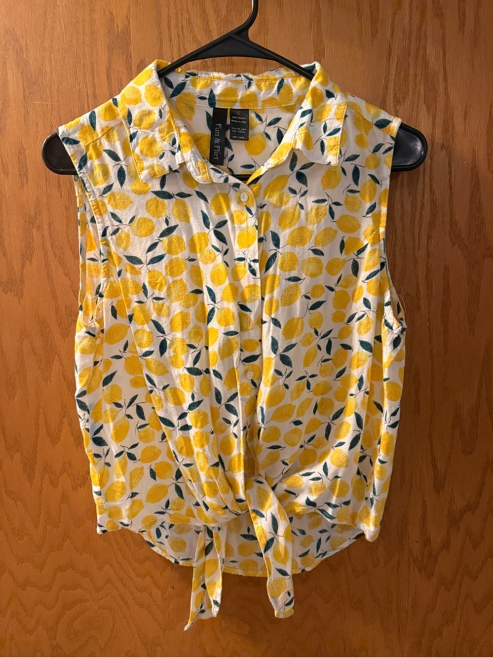 Fun & Flirt Yellow Lemon Print Tie-Front Camisole